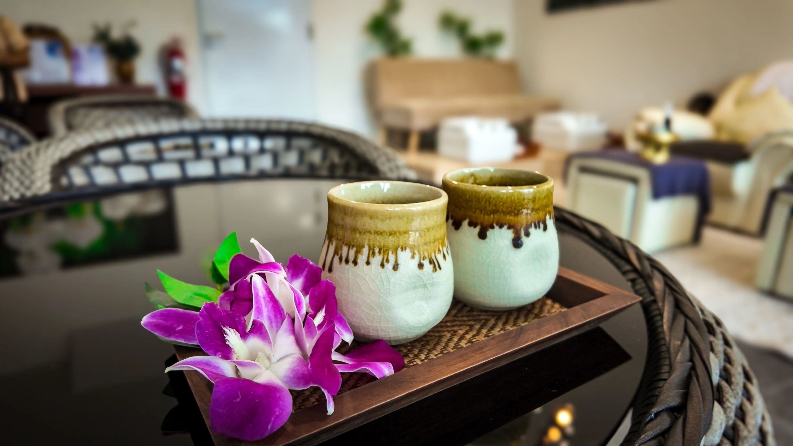 Herbal compress and massage oils on display